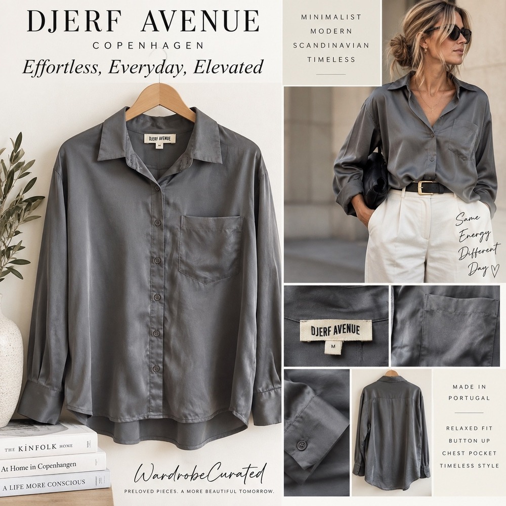 Djerf Avenue Womens M Gray Satin Button Up Shirt Relaxed Oversized Portugal